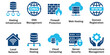 © VisionaryFrames - Web hosting solid icons and cloud infrastructure computing glyph elements. Vector illustration of flat blue corporate dns management firewall domain server security template.