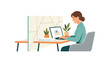 © Ohim - A woman sits at a modern office desk, smiling while typing on a laptop that displays an incoming email icon on its screen.