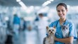 © Sutasinee - veterinary care center, veterinarian holding a dog, a cat sits nearby, elegant clinic interior, premium medical technology, space for marketing copy,  professional healthcare branding