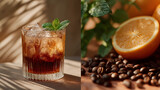Cold Coffee Drink with Orange and Mint: A refreshing cold coffee beverage with ice, mint, and a hint of orange zest, accompanied by whole coffee beans and a sliced orange.
