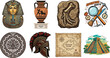 © MstMinara - Archaeology and ancient history illustration collection featuring pharaoh mask, Greek amphora, dinosaur fossil, adventure tools, Aztec calendar, spartan helmet, and Mayan pyramid.
