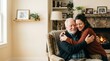 © Thumbs - Daughter hugging her elderly father in a cozy living room