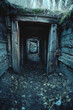 © Aisyaqilumar - Gritty, historical photographs of an underground wartime wooden bunker and mine tunnel, featuring rough timber beams, dirt floors, dim lighting, and vintage military or mining equipment.