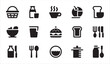 © MDIKRAM - Breakfast and food icons featuring burger bread coffee basket and cutlery set silhouettes.