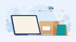 © Karina - Digital illustration showing online shopping with a laptop, parcel box, and bags. Represents e-commerce, fast delivery, and logistics. Modern clean flat design for business concepts.