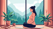 © Nizam - Pregnant woman practices meditation and yoga while sitting in front of a large window with a peaceful mountain forest view during sunset.