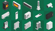 © FatemaAkter - Set of fifteen isometric icons representing various home heating and cooling climate systems.