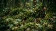 © MDASHIR - Magical forest floor with glowing fireflies and mystical golden light particles over mossy ground.