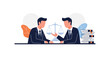 © Illustrate Hub - Two professional business partners sitting at a desk arguing or negotiating legal matters with a scale of justice in the middle.