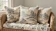 © Beniamin - Decorative cushions arranged on wicker sofa by window seat