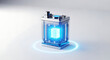 © Abdul - Floating futuristic blue device with holographic screen - A sleek, glowing blue technological device floating above a reflective surface with a holographic display projecting light patterns.