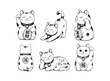 © Leg_IO - Simple hand drawn maneki neko lucky cat sketch set, engraved chinese fortune cat illustration clip art