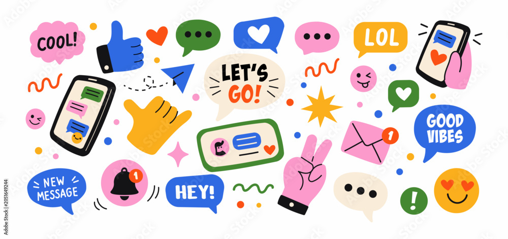 Graphics Communication Sticker Social media chat stickers and messaging icons. Colorful flat vector ...