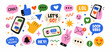 © Tasha - Social media chat stickers and messaging icons. Colorful flat vector illustration with phones, speech bubbles, likes, hearts, emojis, notifications and online communication symbols.