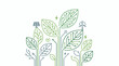 © andirisamtriangga - Stylized illustration of plants with circuit board leaf patterns, a solar panel, and wind turbine, symbolizing eco-friendly technology and renewable energy on a white background.
