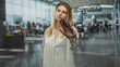 © Krakenimages.com - Blonde woman hand raised palm to camera in stop gesture at busy airport terminal checkin area; privacy refusal annoyance.