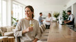 © Xenia - Smiling female guest holding glass of white wine at wooden bar counter. Woman enjoying leisure time in modern hotel lounge. Socializing and recreation theme