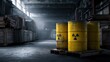 © Akash - Yellow radioactive waste barrels with hazard symbols stored in a dark industrial warehouse