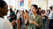 © Xenia - Smiling Asian woman using sign language at a networking event. Deaf female professional communicating with a colleague in a crowded conference hall