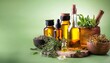 © Dusty - botanical blends herbs essencial oils for naturopathy natural remedy herbal medicine blends for bath and tea on green background