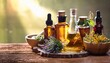 © Dusty - botanical blends herbs essencial oils for naturopathy natural remedy herbal medicine blends for bath and tea on wooden table background