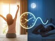 © Tiana_Geo - Woman waking up in sunny bedroom and sleeping in dark night bedroom. Concept of biological clock, circadian rhythm and sleep cycle. Comparison of morning routine and night rest time.