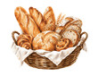 © Hato - Artistic Watercolor Illustration of a Wicker Basket Filled with Assorted Baked Goods.