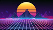 © shachin - Retro futuristic synthwave landscape with mountain silhouette and sun synthwave vaporwave landscape mountain futuristic eighties background cyberpunk perspective aesthetic computer