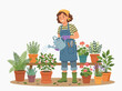 © NoblePix - A woman wearing an apron and a bandana is watering a potted rose bush with a watering can, surrounded by various houseplants. She is tending to her plants with a happy expression.