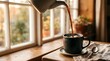 © Ivairrend - Hot coffee being poured into a ceramic mug on a wooden windowsill at home