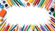 © Nasreen - Creative invitation design for first grade students featuring colorful school supplies arranged around a clean white background, cheerful back to school celebration template with pencils, crayons, not