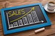 © シャキルスタジオ - Sales growth chart on blue chalkboard with coffee cup on wooden desk
