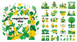 © hum lab - Vegetarian day vector illustration set, organic farming and healthy eating icons, people gardening and cooking fresh vegetables collection