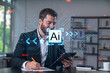 © VideoFlow - Considered businessman in formal wear signing contract holding tablet device at office room with papers. Concept of successful business deal, agreement, partnership, documents. Technology ai icons.