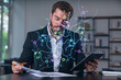 © VideoFlow - Considered businessman in formal wear signing contract holding tablet device at office room with papers. Concept of successful business deal, agreement, partnership, documents. Technology ai icons.