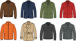 © MDSaiful - Vector collection of men fashion jackets and coats featuring bomber jacket blazer military field coat trench coat puffer jacket and denim jackets