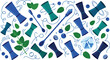© MDSaiful - Seamless background vector pattern with blue cocktail jiggers bar spoons fresh mint leaves ripe blueberries and ice cubes isolated on white