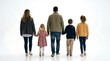 © LangkahKaki - Rear view of a family of five, including parents and three children, walking together and holding hands on a white background.