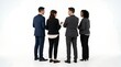 © LangkahKaki - Four diverse business professionals in suits standing in a circle, engaged in a discussion or meeting, on a white background.