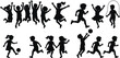© Aysha - Black silhouettes of children playing, running, jumping, and exercising on white background, kids
