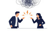 © Jayed - Man and woman in professional clothing arguing with a large scribble cloud above their heads symbolizing conflict and workplace stress.