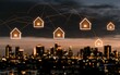 © lander - Glowing Digital Real Estate Icons Floating Above a Modern City Skyline at Dusk