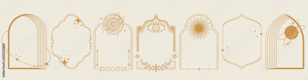 Celestial boho frames with moon phases, butterfly and mystical arch ...