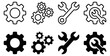 © KKeitlin - Set of gear and wrench icons in black and white outline and solid styles representing tools and mechanics on transparent background