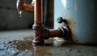 © Vadym - Leaking copper water pipe drips onto wet concrete floor near rusty water heater. Basement pipe corrosion causes water damage and potential flood risk, needing repair.