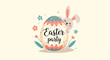 © Rana - Cute easter bunny character hiding behind a large decorated easter egg with colorful flowers on a soft yellow background.
