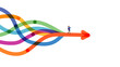 © master1305 - Businesswoman walking on orange arrow through colorful business flow. Concept of female leadership, career direction, professional confidence, strategic movement, and navigating change toward success.
