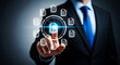 © SHARMIN - Man in suit touching digital interface with document icons and glowing circle blue