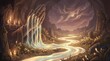 © Nuttawut - Sacred River Flow in Mystical Cave: A serene cave vista featuring large praying hands from which a gentle river flows, surrounded by numerous lit candles and ancient rock formations under a dramatic.