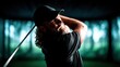 © Larisa AI - A focused male golfer prepares to take a swing in an indoor golf simulation environment, showcasing his determination and technique against a scenic backdrop.
